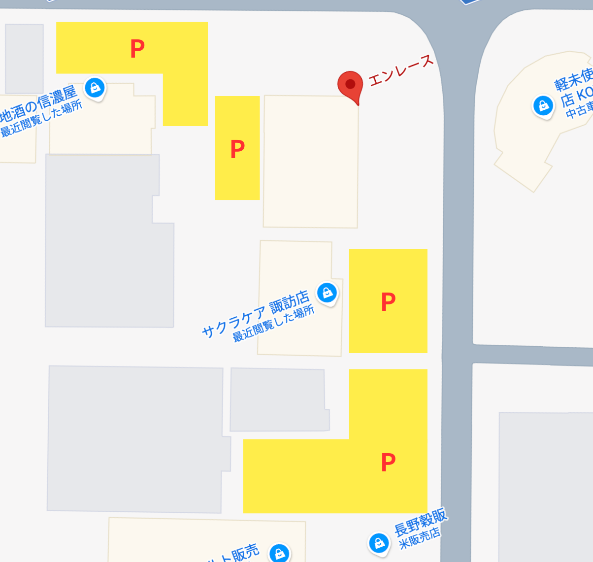 臨時駐車場案内図。エンレース店舗の周辺に黄色いPマークで臨時駐車場(地酒の信濃屋様、サクラケア諏訪店様、長野穀販様周辺)の位置を表示。